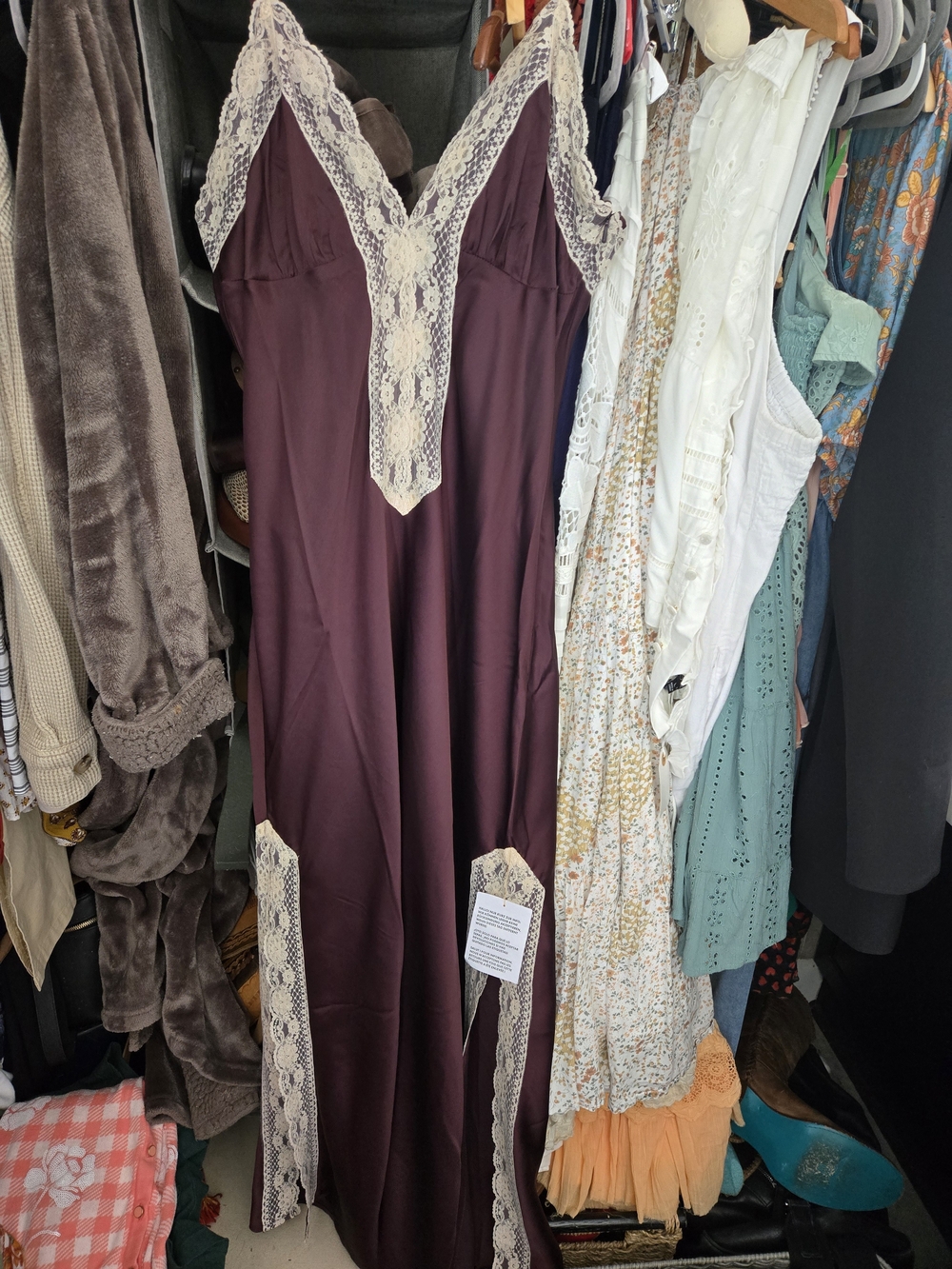 Lace-Trim Satin Slip Dress in Deep Plum
